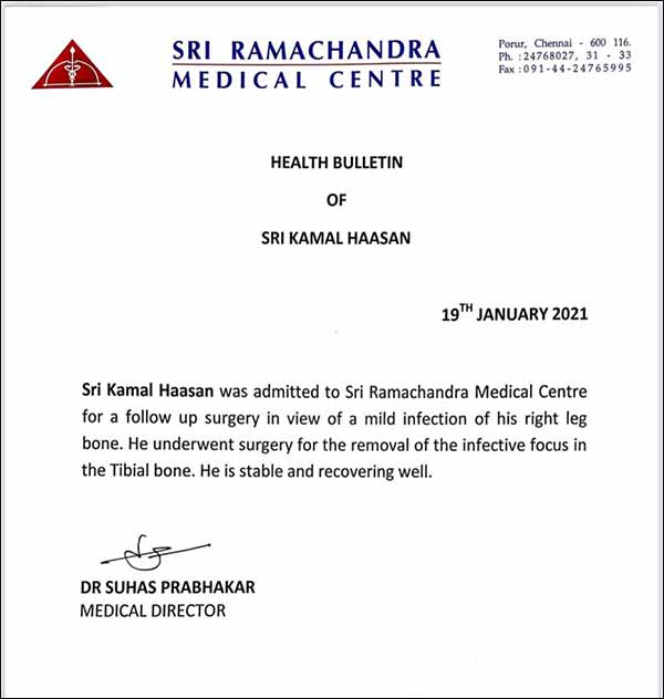 Doctors says that Kamal Haasan underwent a successful leg surgery Doctors says that Kamal Haasan underwent a successful leg surgery