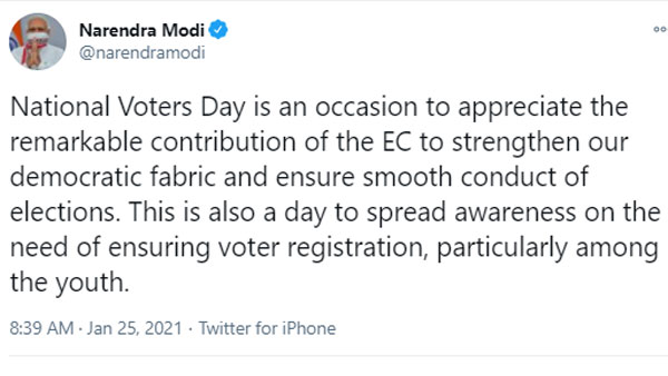 National Voters day is a day to spread awareness on the need of ensuring voter registration : PM Modi tweets National Voters day is a day to spread awareness on the need of ensuring voter registration : PM Modi tweets