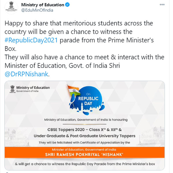Republic Day 2021: University, CBSE toppers to witness parade from Prime Minister’s box Republic Day 2021: University, CBSE toppers to witness parade from Prime Minister’s box