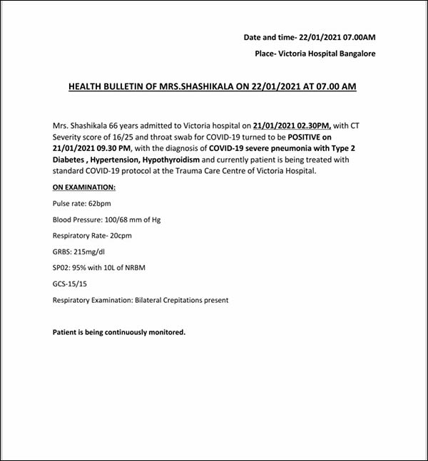 Sasikala health issue: Severe pneumonia fever with type 2 diabetes says Victoria Hospital Sasikala health issue: Severe pneumonia fever with type 2 diabetes says Victoria Hospital