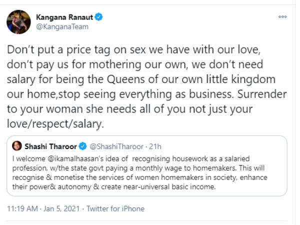 Kangana Ranaut condemns Kamal Haasans idea for salary for housewives Kangana Ranaut condemns Kamal Haasans idea for salary for housewives