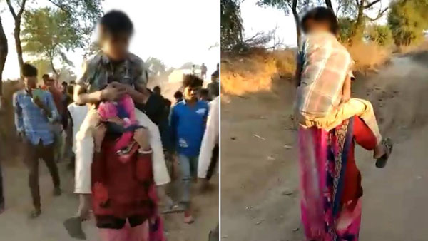 Madhya Pradesh Woman tortured To Walk With In-Laws On Shoulders Madhya Pradesh Woman tortured To Walk With In-Laws On Shoulders