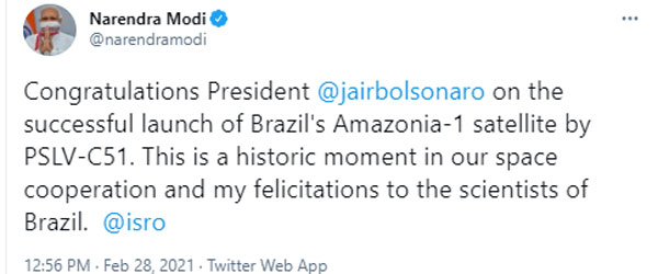 PM Modi congratulates NSIL and ISRO on the success launch of PSLV-C51/Amazonia-1 Mission PM Modi congratulates NSIL and ISRO on the success launch of PSLV-C51/Amazonia-1 Mission