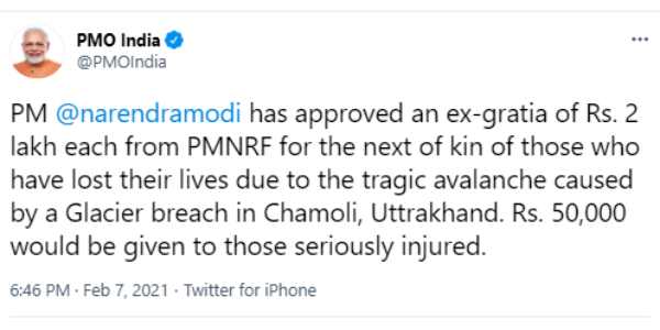 PM Modi announces Rs 2 lakh ex-gratia each to kin of deceased Uttarakhand glacier burst PM Modi announces Rs 2 lakh ex-gratia each to kin of deceased Uttarakhand glacier burst