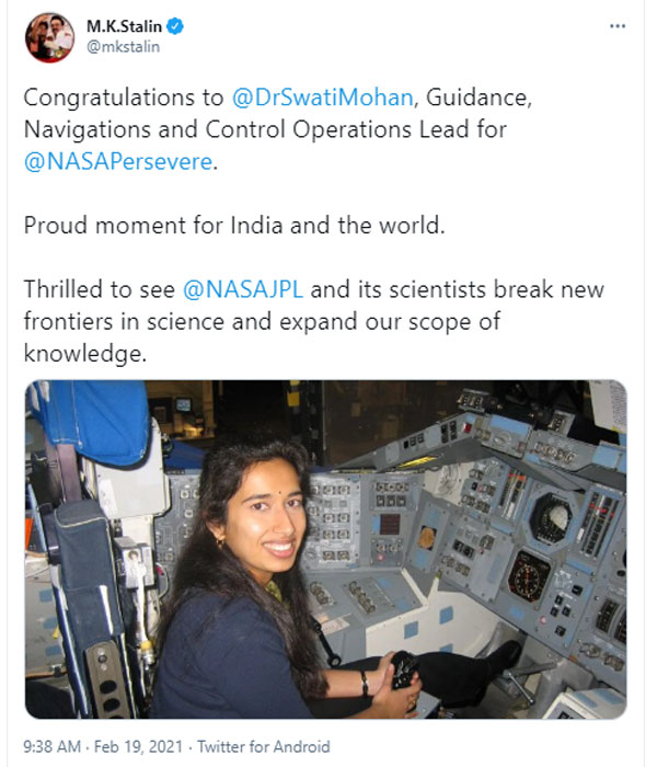 DMK leader MK Stalin greets to Indian-origin Scientist Dr Swati Mohan DMK leader MK Stalin greets to Indian-origin Scientist Dr Swati Mohan
