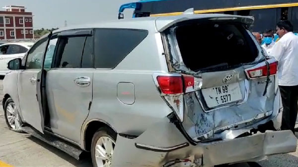 Accident near Dharapuram SP Velumani, Speaker Danapal Security vehicles damaged Accident near Dharapuram SP Velumani, Speaker Danapal Security vehicles damaged