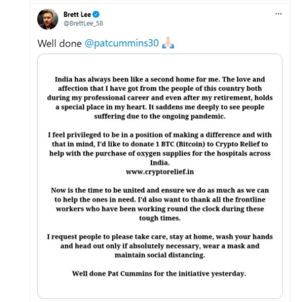 Brett Lee donates 1 bitcoin to India to buy Oxygen Brett Lee donates 1 bitcoin to India to buy Oxygen
