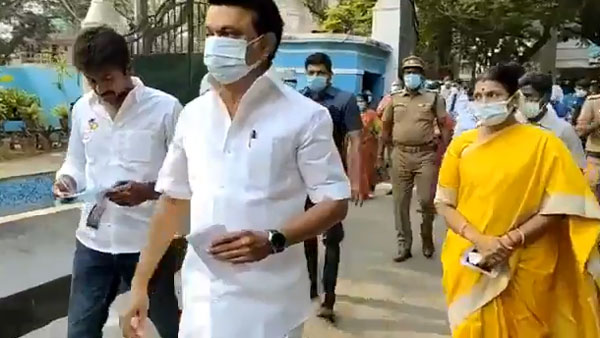 DMK chief MK Stalin casted his vote in Chennai with his son Udhayanidhi Stalin DMK chief MK Stalin casted his vote in Chennai with his son Udhayanidhi Stalin