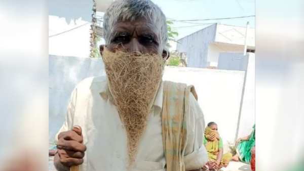 Telangana shepherd uses birds nest as face mask to visit pension office viral photo Telangana shepherd uses birds nest as face mask to visit pension office viral photo