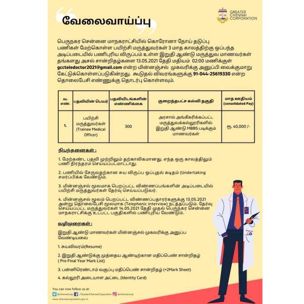 The Metropolitan Corporation of Chennai has announced that trainee doctors jobs The Metropolitan Corporation of Chennai has announced that trainee doctors jobs