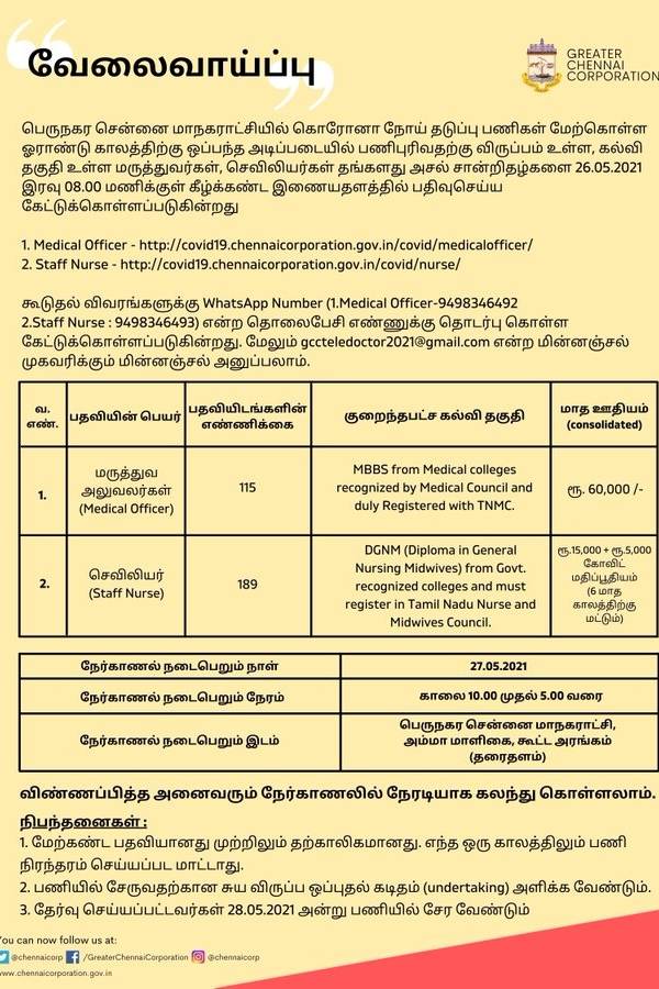 Immediate employment in Chennai Corporation: Call for doctors and nurses Immediate employment in Chennai Corporation: Call for doctors and nurses