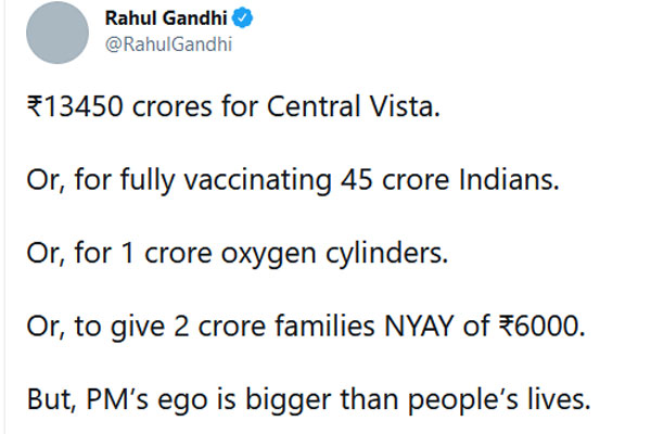 Rahul Gandhi slams Central Vista scheme in Twitter Rahul Gandhi slams Central Vista scheme in Twitter