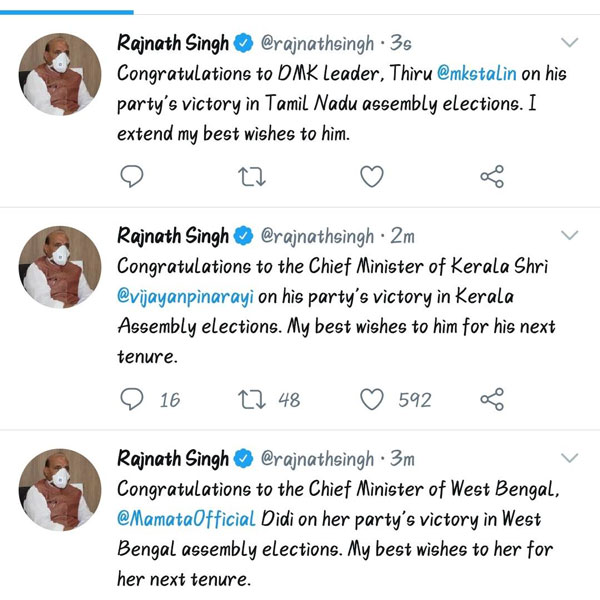 Defense Minister Rajnath Singh has congratulated DMK leader Mk Stalin Defense Minister Rajnath Singh has congratulated DMK leader Mk Stalin