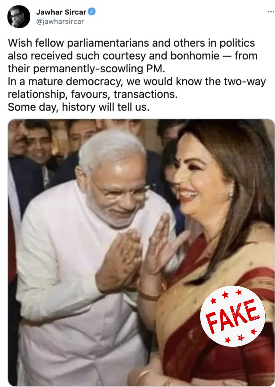 Fact Check: Former Prasar Bharti CEO shares morphed image of PM Modi bowing before Nita Ambani Fact Check: Former Prasar Bharti CEO shares morphed image of PM Modi bowing before Nita Ambani