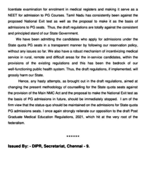 Tamilnadu CM Stalin wrote a letter to the Union health minister opposing the postgraduate medical education draft Tamilnadu CM Stalin wrote a letter to the Union health minister opposing the postgraduate medical education draft