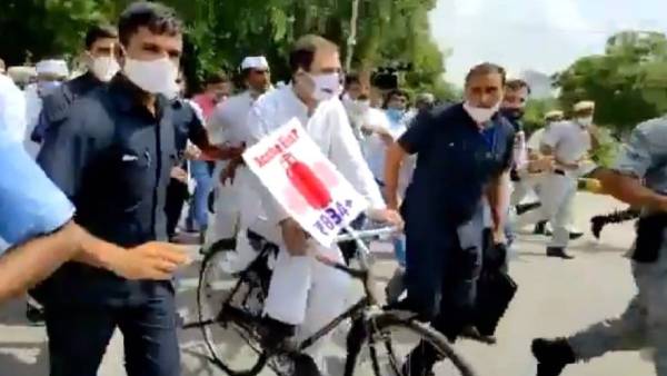 Rahul Gandhi leads Opposition’s cycle march to Parliament Rahul Gandhi leads Opposition’s cycle march to Parliament