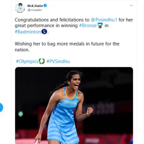 Tamilnadu CM Stalin and Edappadi Palanisamy congrats PV Sindhu for her bronze medal in Olympics Tamilnadu CM Stalin and Edappadi Palanisamy congrats PV Sindhu for her bronze medal in Olympics