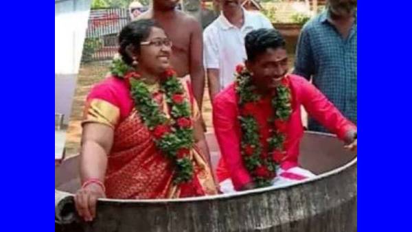 அண்டாவில் மிதந்து கொண்டே வந்த மணமக்கள்.. திட்டமிட்டபடி திருமணம்.. கேரள வெள்ளநீர் பாதிப்பு எதிரொலி