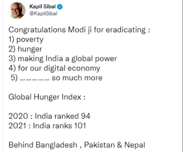 Kapil Sibal tweets Congratulations Modi Ji on Hunger Index Kapil Sibal tweets Congratulations Modi Ji on Hunger Index