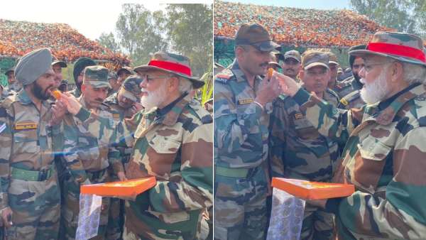 பிரதமராக வரவில்லை; குடும்ப உறுப்பினராக வந்திருக்கிறேன்; வீரர்களுக்கு இனிப்பு ஊட்டி பிரதமர் பேச்சு..! 