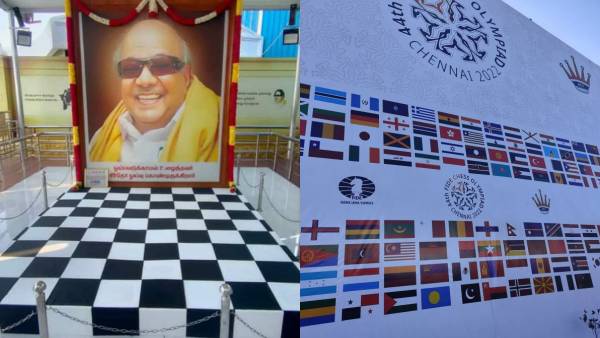 கருப்பு வெள்ளை கட்டங்கள்.. செஸ் போர்டு அலங்காரத்தில் கருணாநிதி நினைவிடம்! 