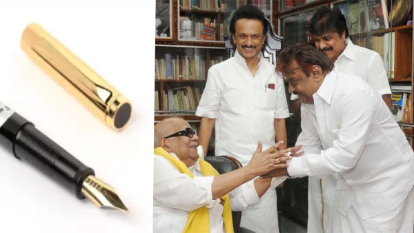 கருணாநிதிக்கு ‘தங்க பேனா’ பரிசளித்த விஜயகாந்த் “இதை எழுதியிருக்க ” வாய்ப்பில்ல - திமுக எம்பி 