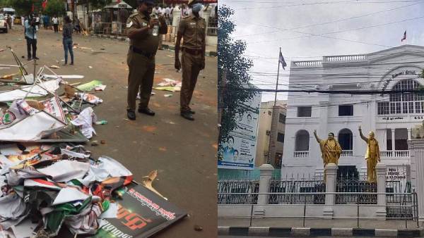 பறந்து வந்த கற்கள்.. சேர்களை கேடயமாக தலையில் கவிழ்த்து.. திடீர் கல்வீச்சை சமாளிக்க திணறிய போலீசார்! 