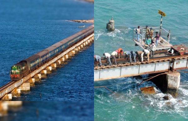 பாம்பன் புதிய ரயில் பாலம்..கடலுக்குள் பிரம்மாண்ட தூண்கள் அமைக்கும் பணி நிறைவு