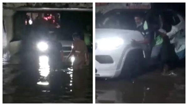 மழை நீரில் சிக்கிய கார்...! குழந்தைகள் உட்பட  7 பேரை போராடி மீட்ட போலீசார்!