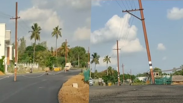 மின் கம்பங்களை அகற்றாமல் புதிய சாலை! சொதப்பும் ஒப்பந்ததாரர்கள்! கும்பகோணம் அருகே புதிய சர்ச்சை! 