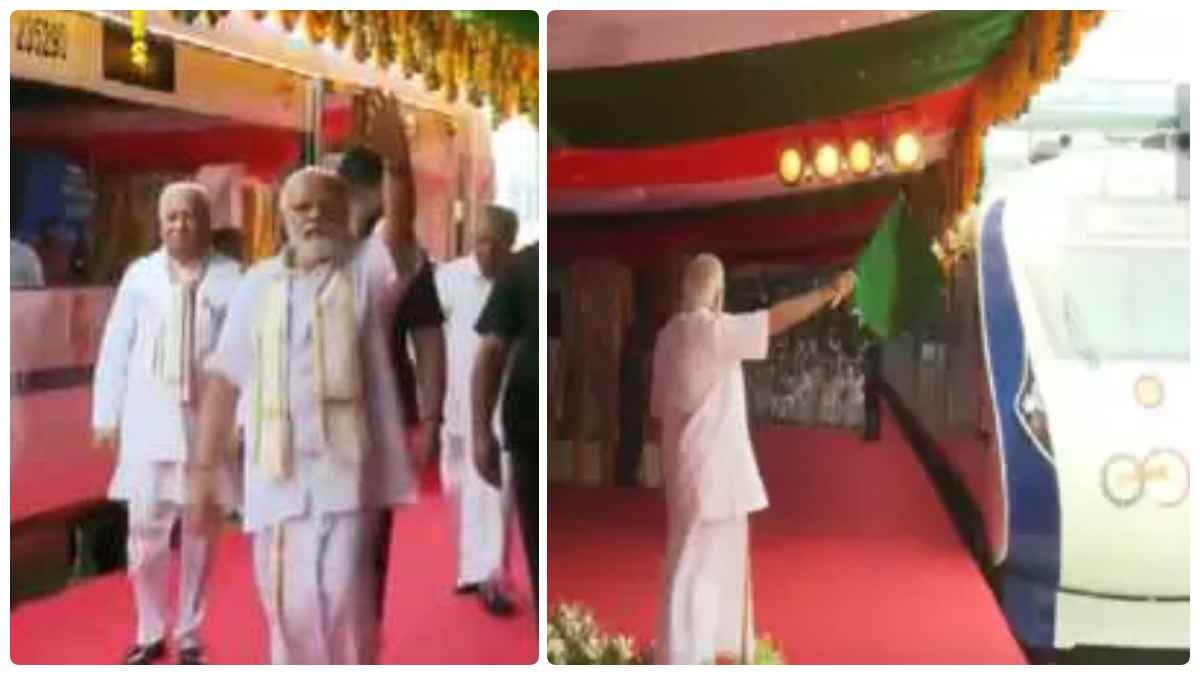 வேட்டி சட்டை அங்கவஸ்திரத்தில் பிரதமர் நரேந்திர மோடி கேரளாவில் முதல் வந்தே பாரத் ரயில்  சேவை தொடக்கம் 