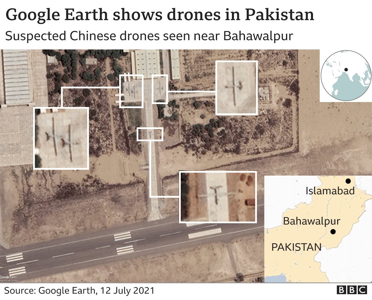 பாகிஸ்தானில் ட்ரோன் இருப்பதைக் காட்டும் கூகுள் எர்த் படம்
