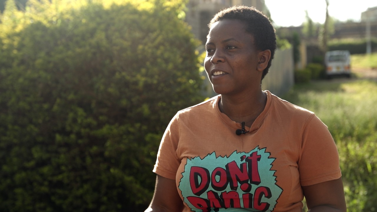 Mary in Dont Panic T-shirt