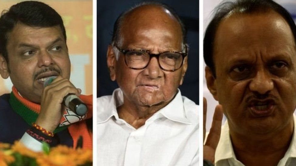 இடமிருந்து வலமாக தேவேந்திர பட்னவிஸ், சரத் பவார் மற்றும் அஜித் பவார். இடமிருந்து வலமாக தேவேந்திர பட்னவிஸ், சரத் பவார் மற்றும் அஜித் பவார்.