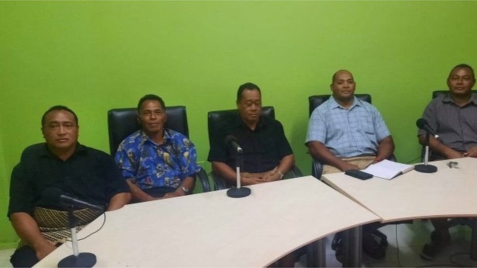 Lisala Folau (second from left) with other Atata survivors at a radio interview on the main island